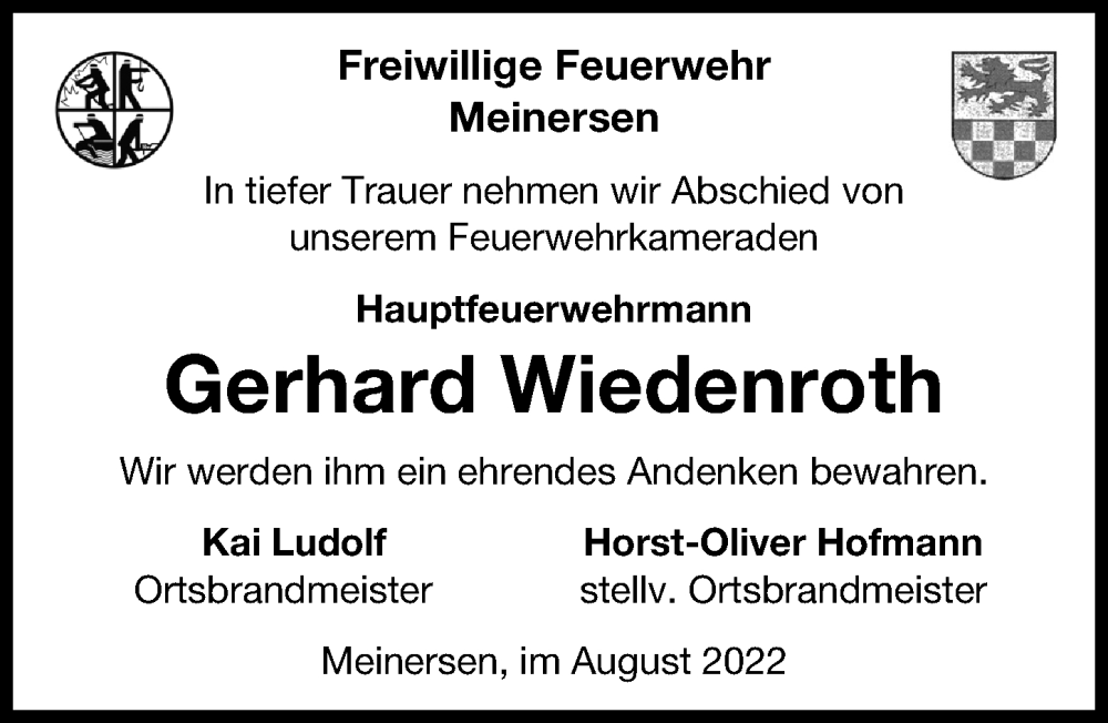  Traueranzeige für Gerhard Wiedenroth vom 06.08.2022 aus Aller Zeitung