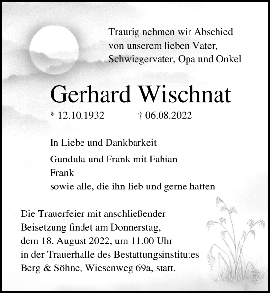 Traueranzeige von Gerhard Wischnat von Ostsee-Zeitung GmbH
