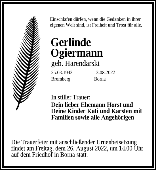 Traueranzeige von Gerlinde Ogiermann von Leipziger Volkszeitung