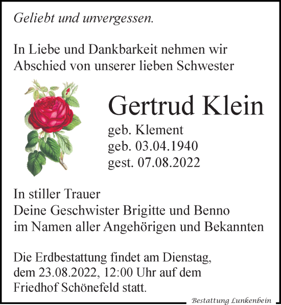 Traueranzeige von Gertrud Klein von Leipziger Volkszeitung