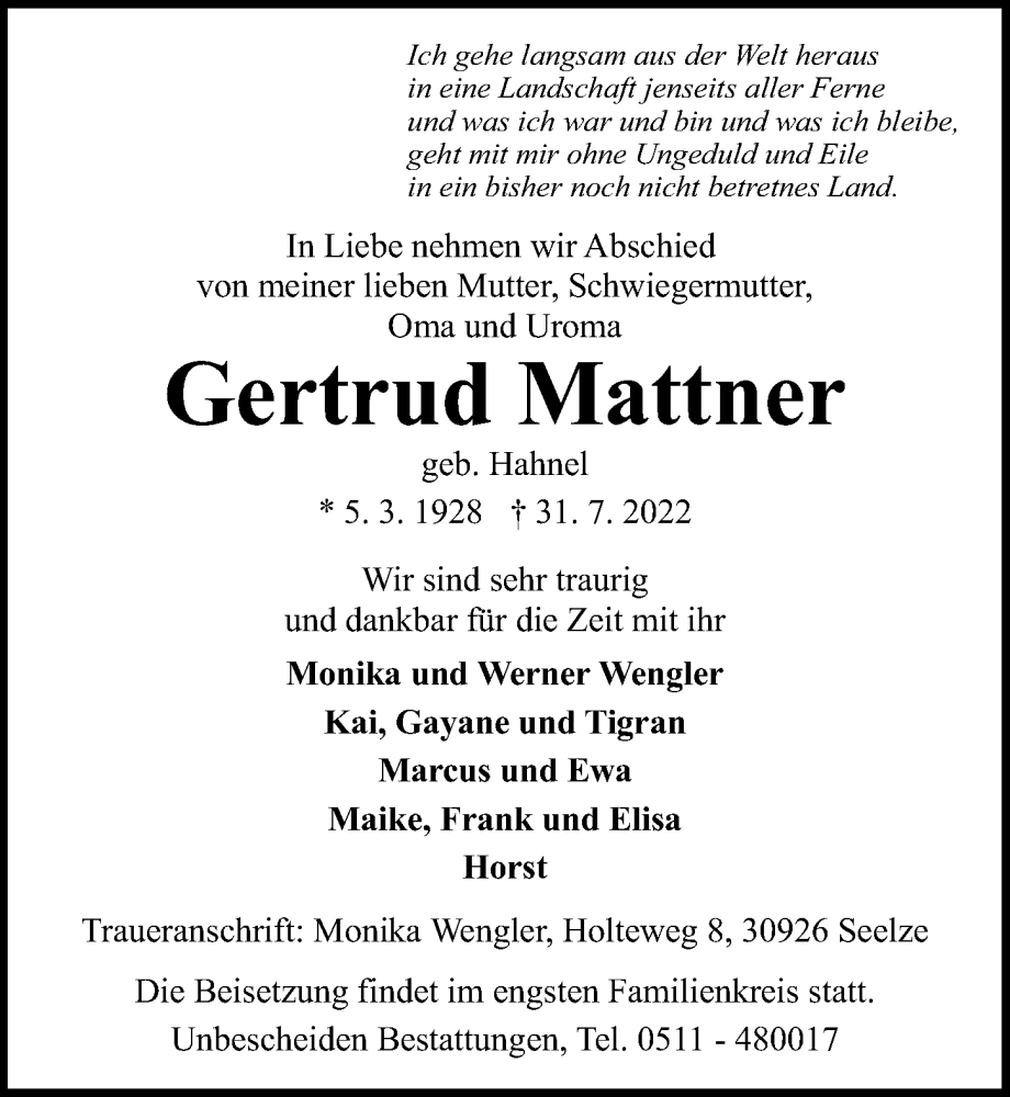  Traueranzeige für Gertrud Mattner vom 06.08.2022 aus Hannoversche Allgemeine Zeitung/Neue Presse