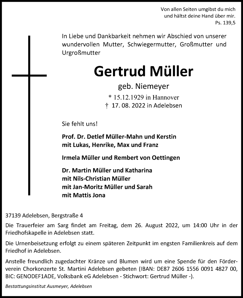  Traueranzeige für Gertrud Müller vom 20.08.2022 aus Göttinger Tageblatt