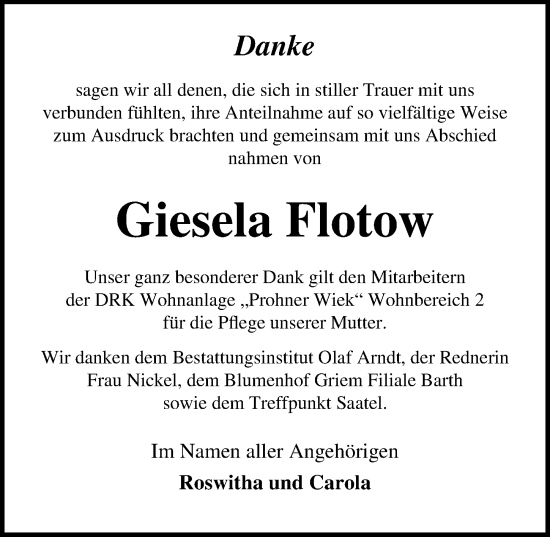 Traueranzeige von Giesela Flotow von Ostsee-Zeitung GmbH