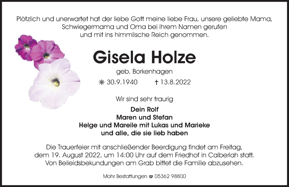  Traueranzeige für Gisela Holze vom 17.08.2022 aus Aller Zeitung