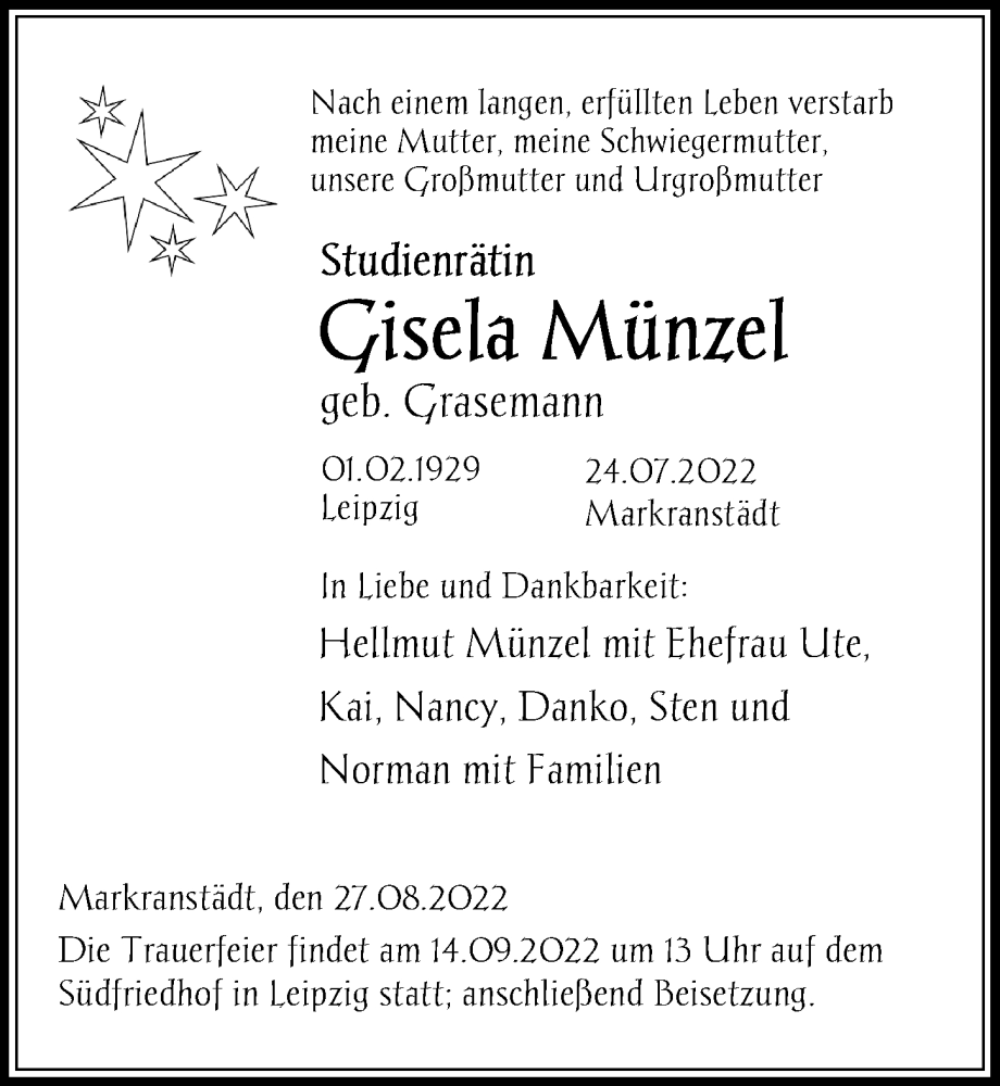  Traueranzeige für Gisela Münzel vom 27.08.2022 aus Leipziger Volkszeitung