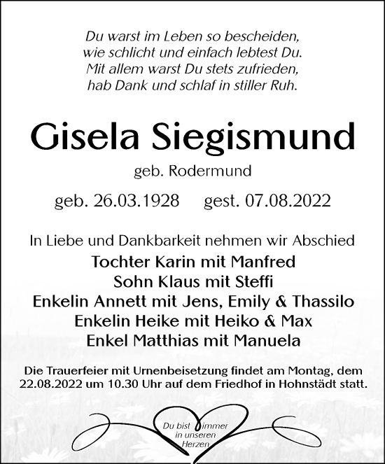 Traueranzeige von Gisela Siegismund von Leipziger Volkszeitung