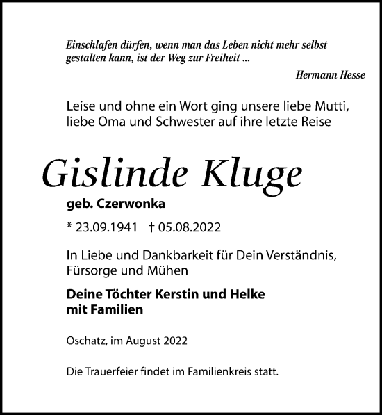 Traueranzeige von Gislinde Kluge von Leipziger Volkszeitung