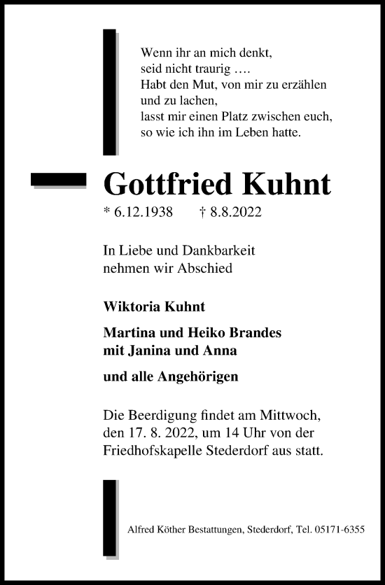 Traueranzeige von Gottfried Kuhnt von Peiner Allgemeine Zeitung