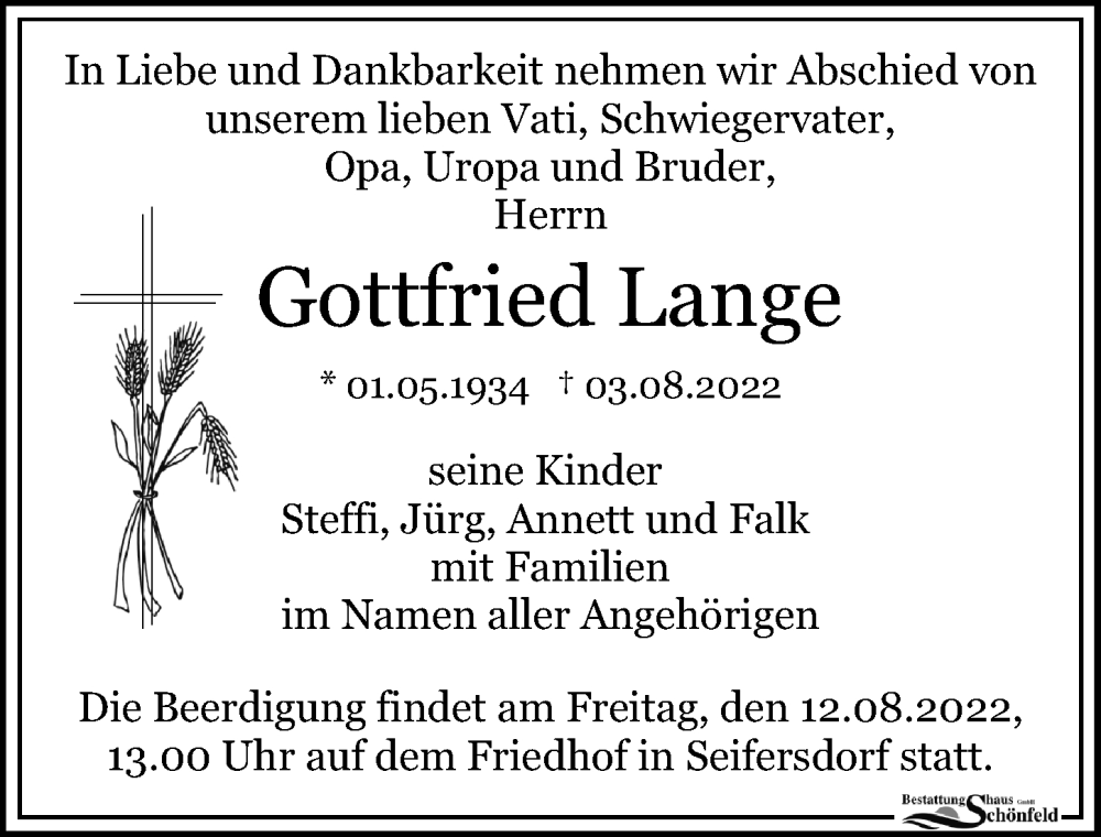  Traueranzeige für Gottfried Lange vom 06.08.2022 aus Leipziger Volkszeitung