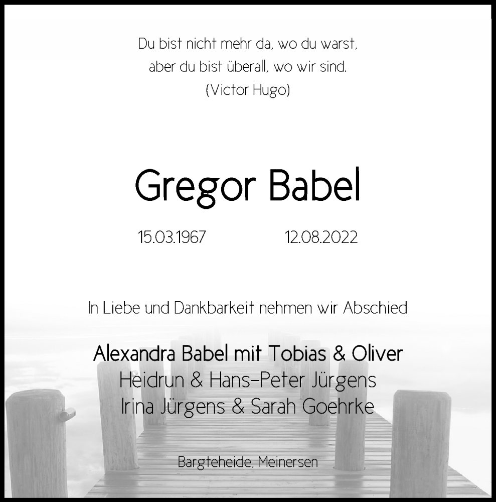  Traueranzeige für Gregor Babel vom 18.08.2022 aus Aller Zeitung