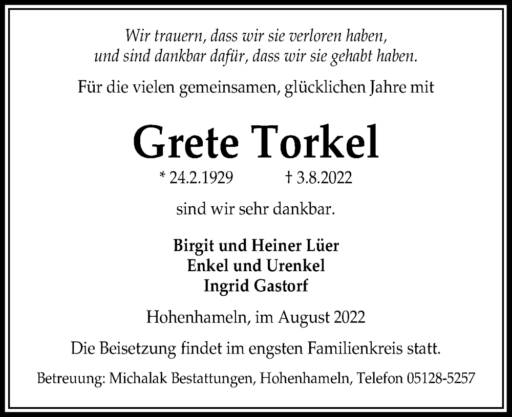  Traueranzeige für Grete Torkel vom 06.08.2022 aus Peiner Allgemeine Zeitung