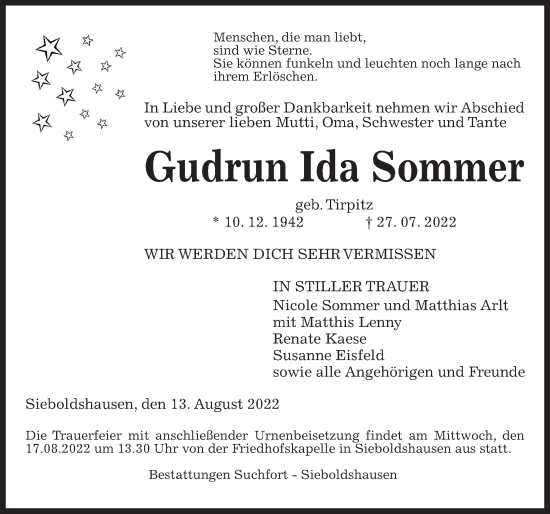 Traueranzeige von Gudrun Ida Sommer von Göttinger Tageblatt