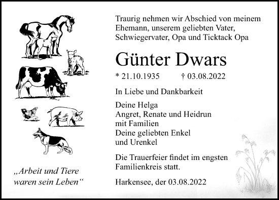 Traueranzeige von Günter Dwars von Ostsee-Zeitung GmbH