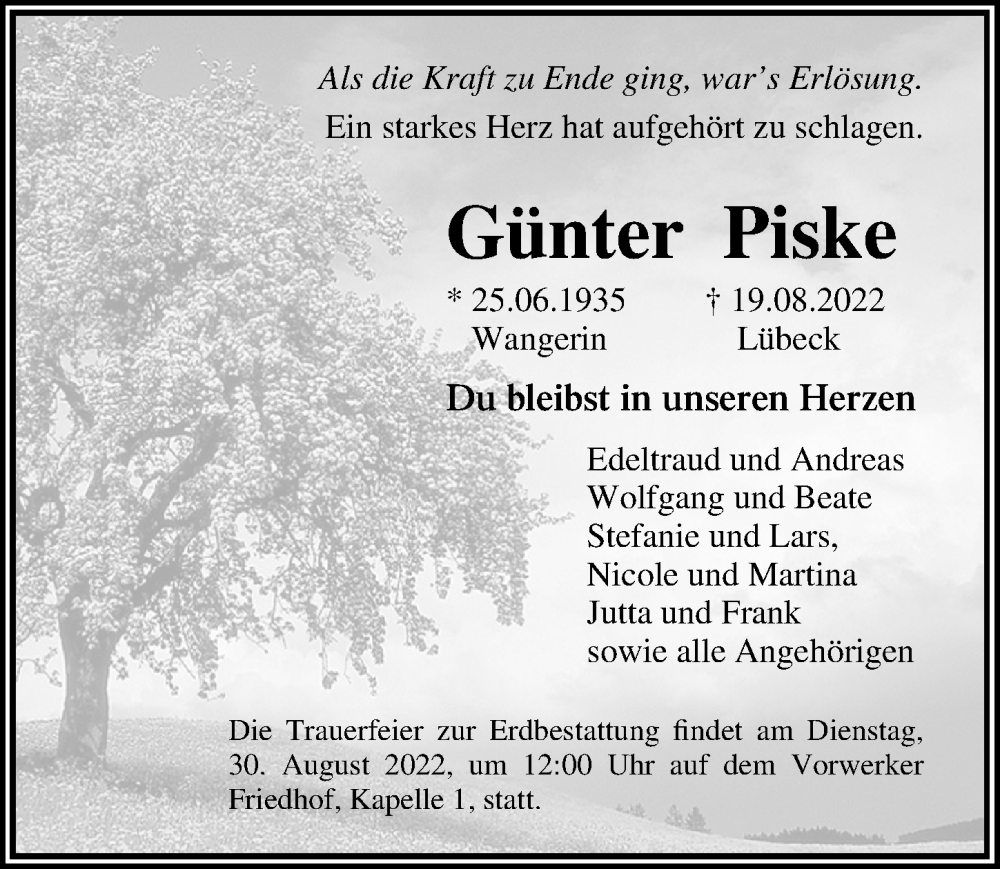 Traueranzeige für Günter Piske vom 28.08.2022 aus Lübecker Nachrichten