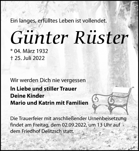 Traueranzeige von Günter Rüster von Leipziger Volkszeitung