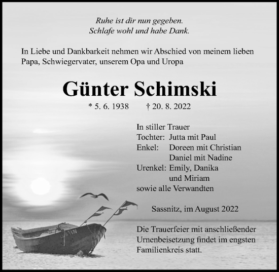 Traueranzeige von Günter Schimski von Ostsee-Zeitung GmbH