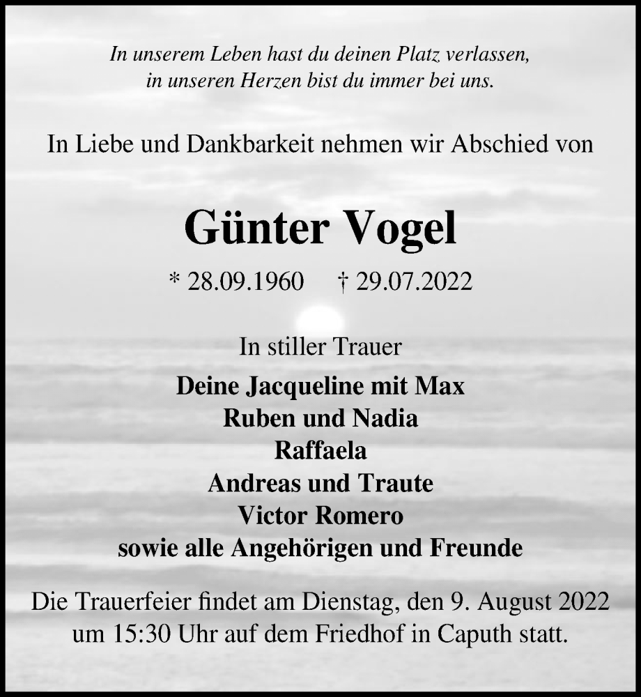  Traueranzeige für Günter Vogel vom 06.08.2022 aus Märkischen Allgemeine Zeitung