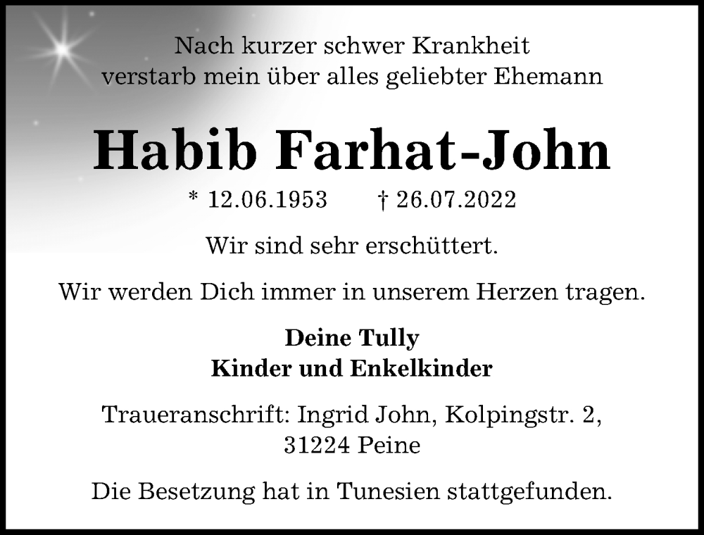  Traueranzeige für Habib Farhat-John vom 06.08.2022 aus Peiner Allgemeine Zeitung