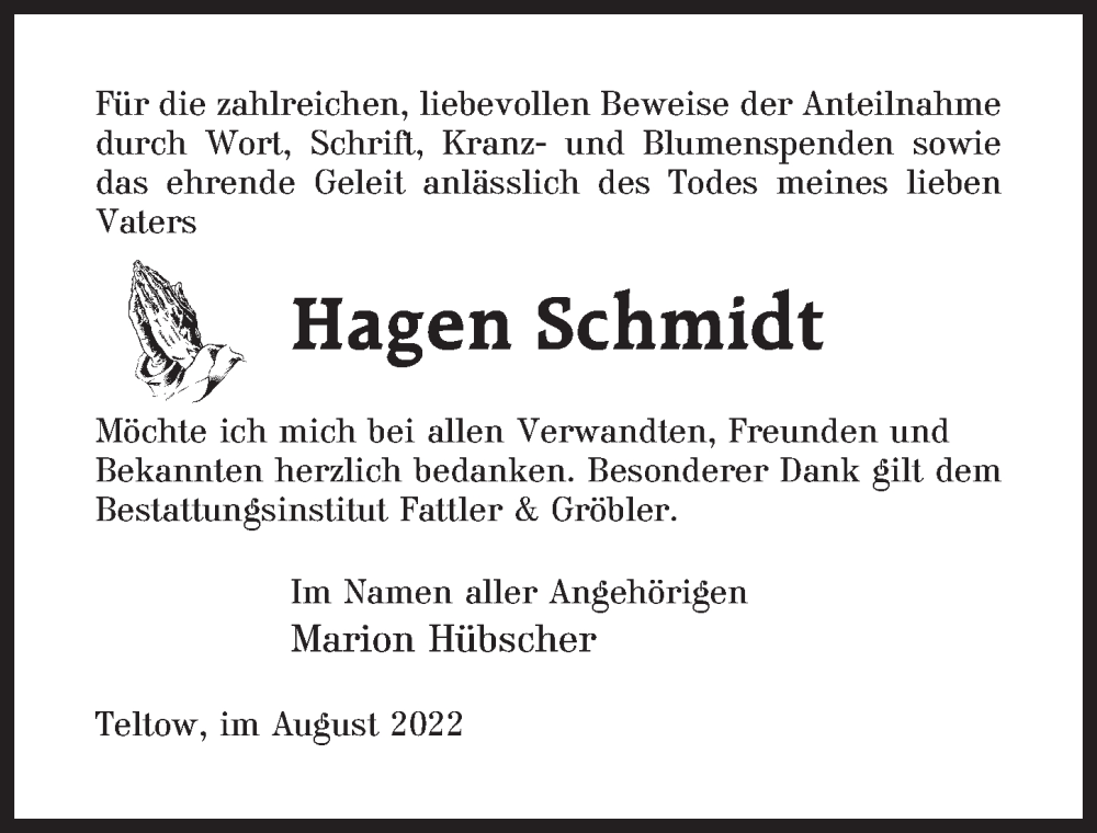  Traueranzeige für Hagen Schmidt vom 27.08.2022 aus Märkischen Allgemeine Zeitung