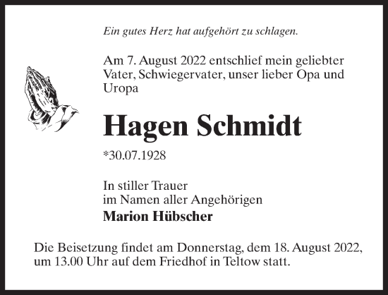 Traueranzeige von Hagen Schmidt von Märkischen Allgemeine Zeitung
