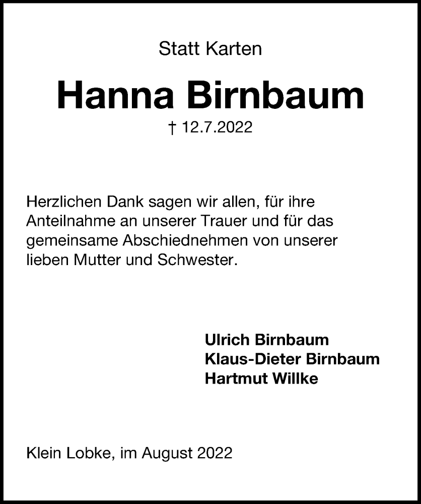  Traueranzeige für Hanna Birnbaum vom 06.08.2022 aus Hannoversche Allgemeine Zeitung/Neue Presse