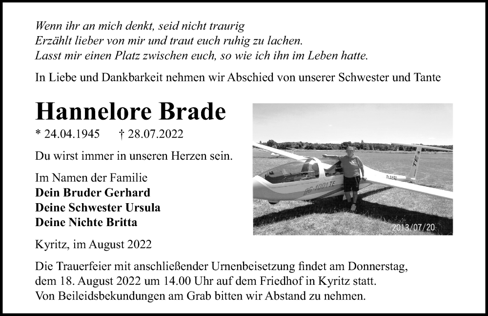  Traueranzeige für Hannelore Brade vom 13.08.2022 aus Märkischen Allgemeine Zeitung