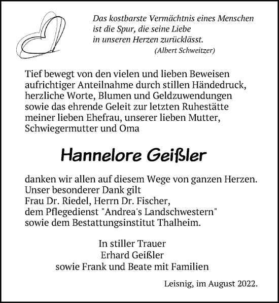 Traueranzeige von Hannelore Geißler von Leipziger Volkszeitung