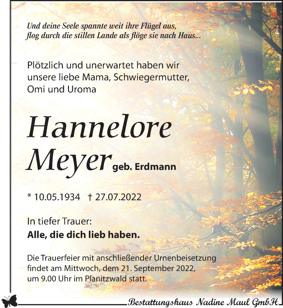  Traueranzeige für Hannelore Meyer vom 06.08.2022 aus Leipziger Volkszeitung