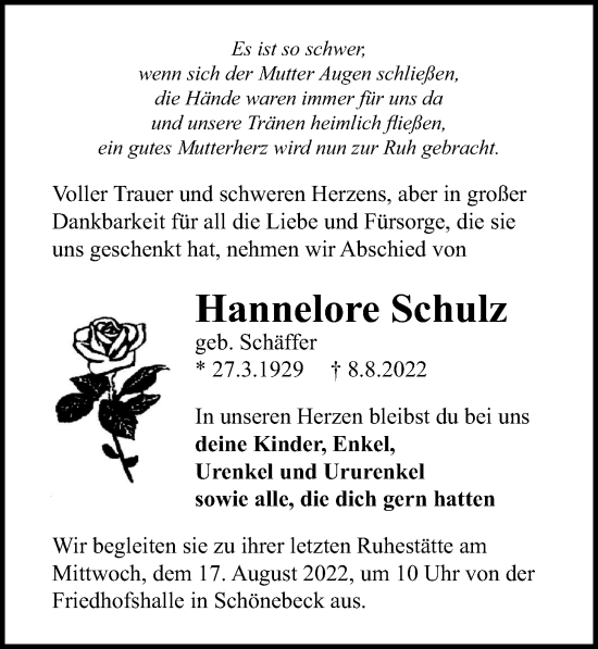 Traueranzeige von Hannelore Schulz von Märkischen Allgemeine Zeitung