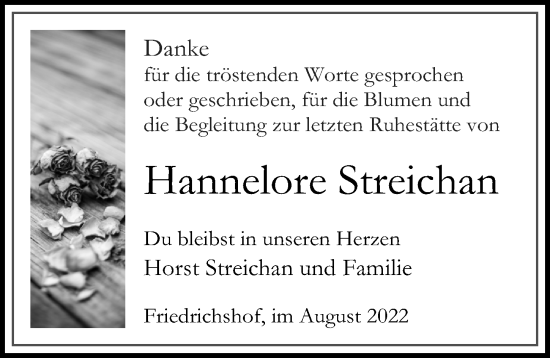 Traueranzeige von Hannelore Streichan von Märkischen Allgemeine Zeitung