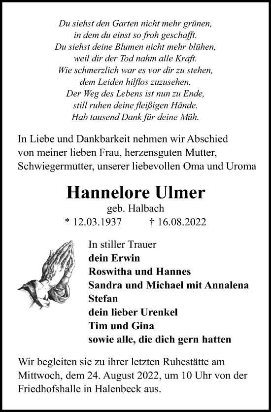 Traueranzeige von Hannelore Ulmer von Märkischen Allgemeine Zeitung