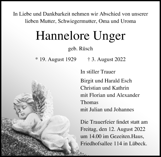 Traueranzeige von Hannelore Unger von Lübecker Nachrichten