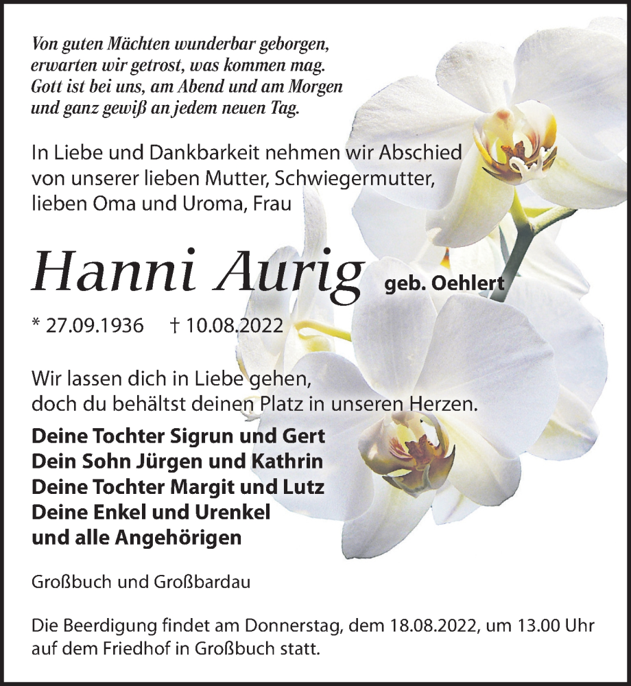  Traueranzeige für Hanni Aurig vom 13.08.2022 aus Leipziger Volkszeitung