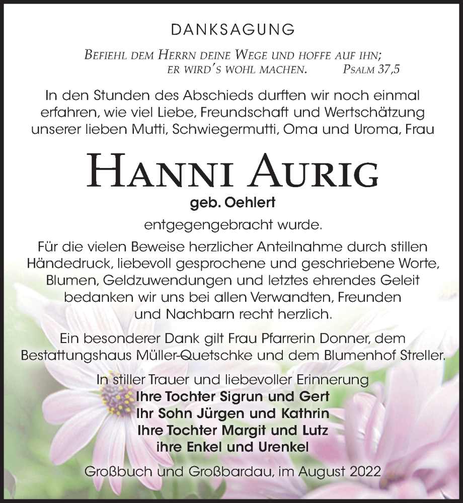  Traueranzeige für Hanni Aurig vom 27.08.2022 aus Leipziger Volkszeitung