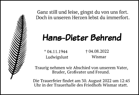 Traueranzeige von Hans-Dieter Behrend von Ostsee-Zeitung GmbH