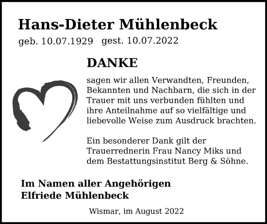 Traueranzeige von Hans-Dieter Mühlenbeck von Ostsee-Zeitung GmbH
