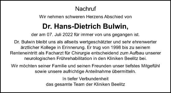 Traueranzeige von Hans-Dietrich Bulwin von Märkischen Allgemeine Zeitung
