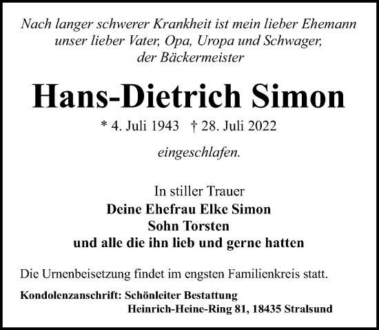 Traueranzeige von Hans-Dietrich Simon von Ostsee-Zeitung GmbH