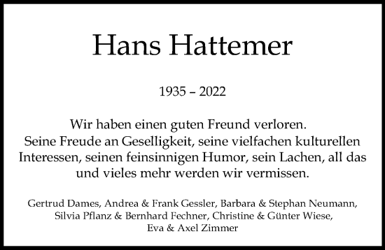 Traueranzeige von Hans Hattemer von Göttinger Tageblatt