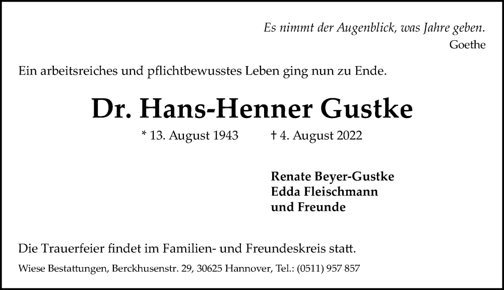  Traueranzeige für Hans-Henner Gustke vom 13.08.2022 aus Hannoversche Allgemeine Zeitung/Neue Presse