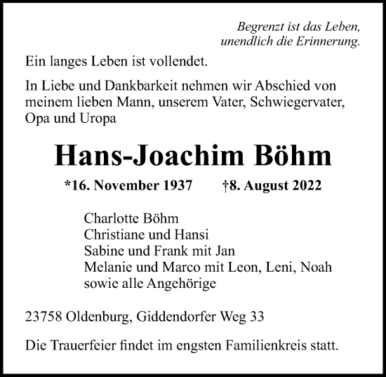 Traueranzeige von Hans-Joachim Böhm von Lübecker Nachrichten