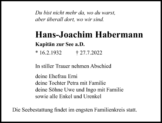 Traueranzeige von Hans-Joachim Habermann von Ostsee-Zeitung GmbH