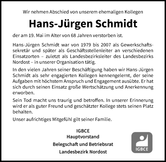 Traueranzeige von Hans-Jürgen Schmidt von Märkischen Allgemeine Zeitung