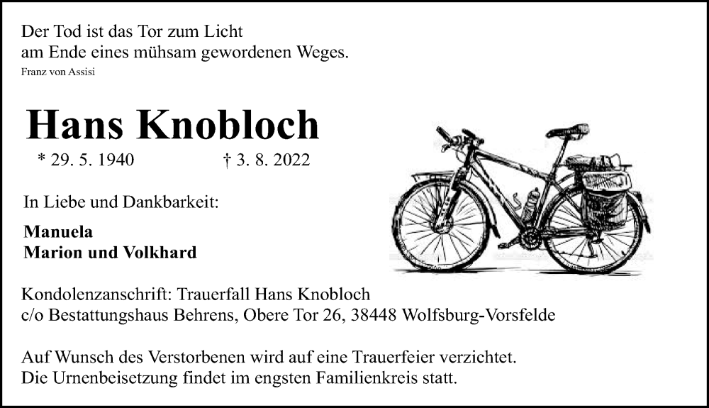  Traueranzeige für Hans Knobloch vom 06.08.2022 aus Aller Zeitung