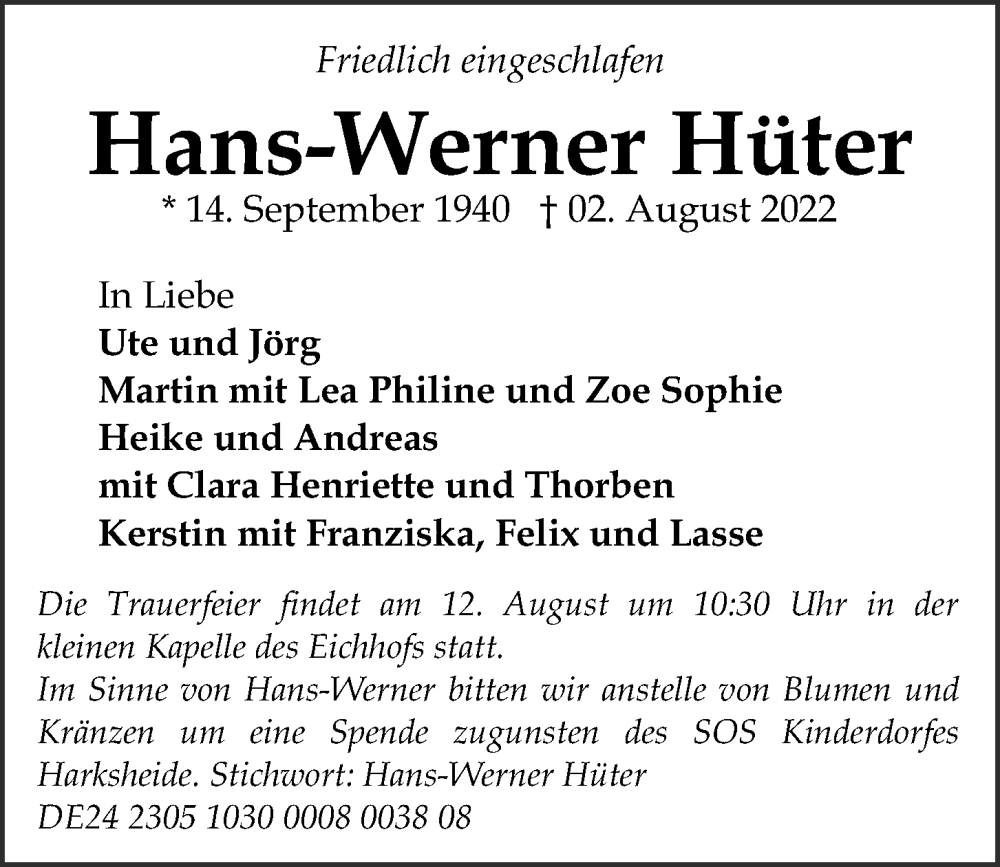  Traueranzeige für Hans-Werner Hüter vom 06.08.2022 aus Kieler Nachrichten
