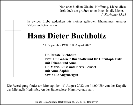 Traueranzeige von Hans Dieter Buchholtz von Hannoversche Allgemeine Zeitung/Neue Presse