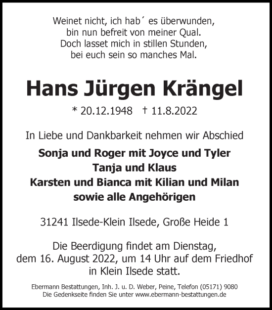 Traueranzeige von Hans Jürgen Krängel von Peiner Allgemeine Zeitung