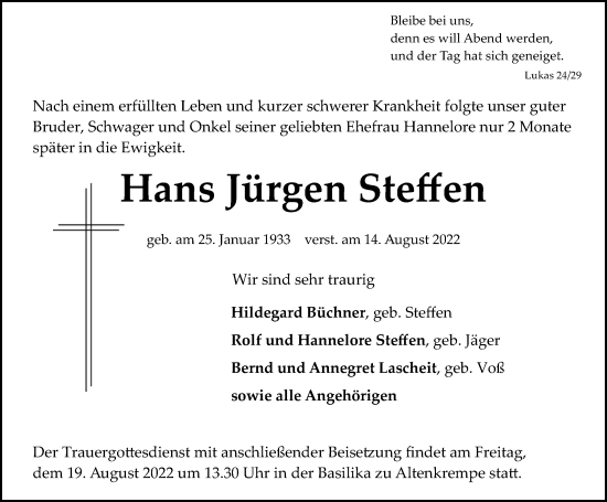 Traueranzeige von Hans Jürgen Steffen von Lübecker Nachrichten