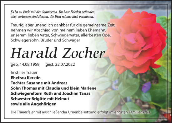 Traueranzeige von Harald Zocher von Leipziger Volkszeitung