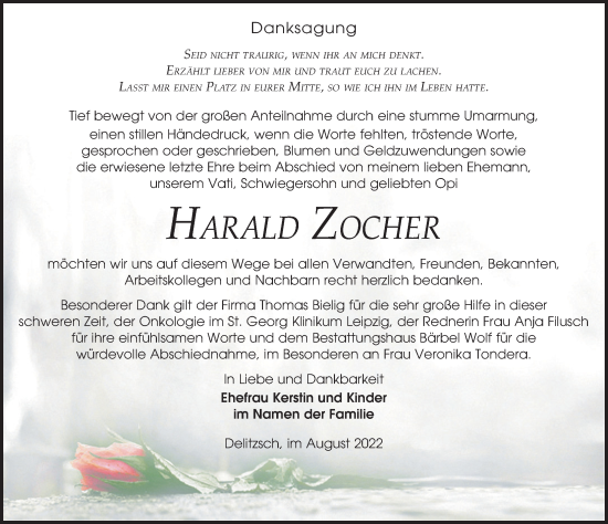 Traueranzeige von Harald Zocher von Leipziger Volkszeitung